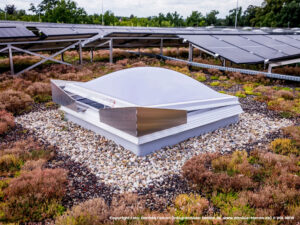 Dachlichtkuppel auf begruentem Flachdach mit Photovoltaikanlage, Referenzprojekt Moeller Real Estate von HDG Dachtechnik